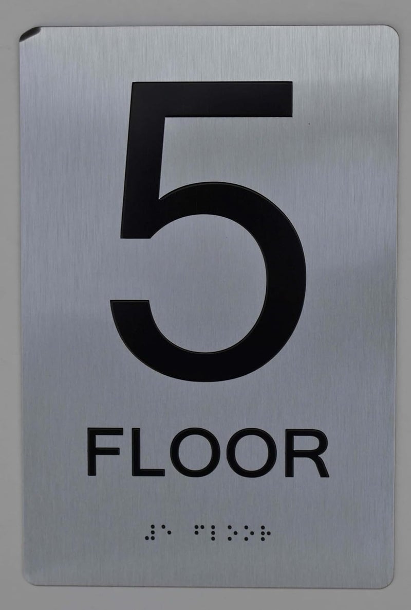 BUILDINGSIGNS.COM Floor Number Sign Tactile Graphics Grade 2 Braille Text With Raised Letters Aluminum, Safety Sign For Office, School Hospital,Brush Silver (5Th Floor) (Sensation Line) - Image 1